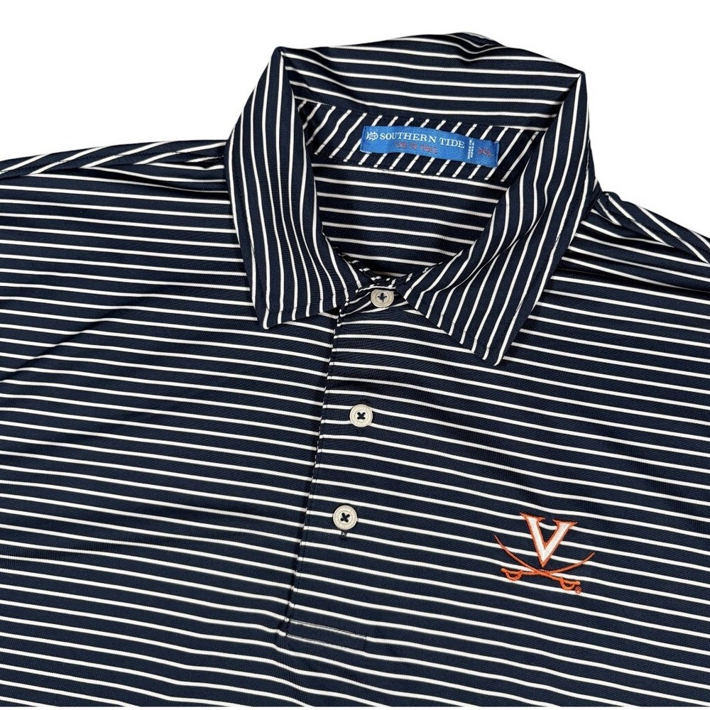 Southern Tide Men's Navy & White Striped Polo with Orange Logo